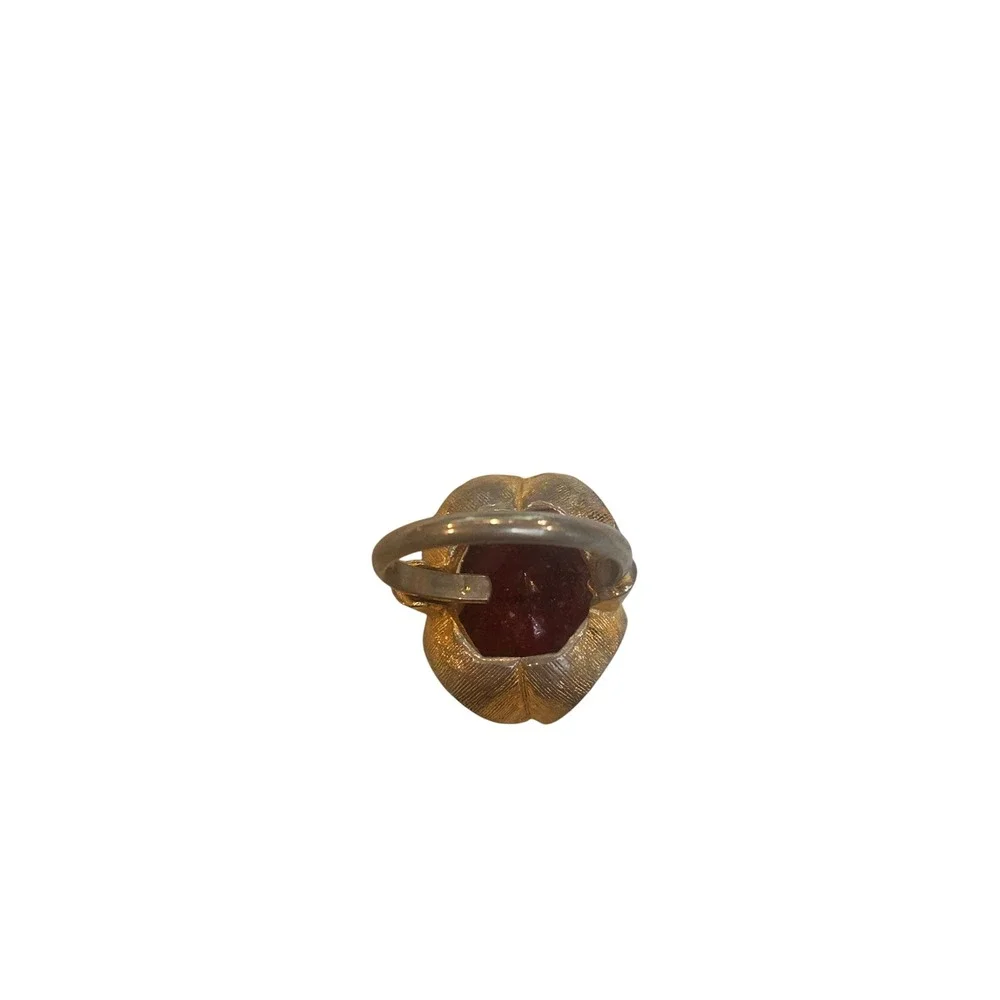 Vintage Red Glass Cocktail Ring Gold Tone Textured Adjustable Statement Ring